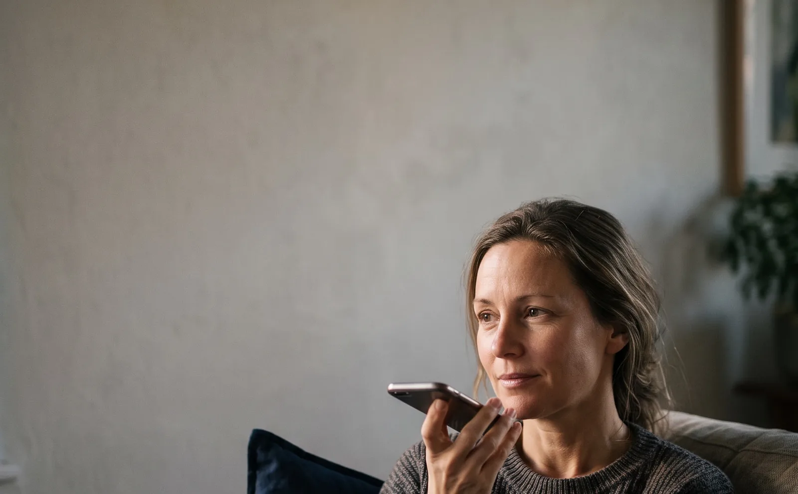A woman on her sofa asking her phone a question out loud