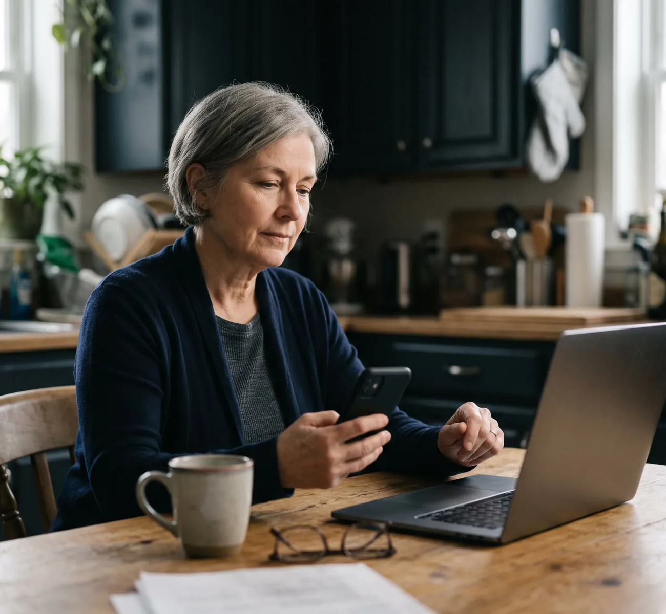 An older woman at her kitchen table reading on a laptop, with a mug of coffee