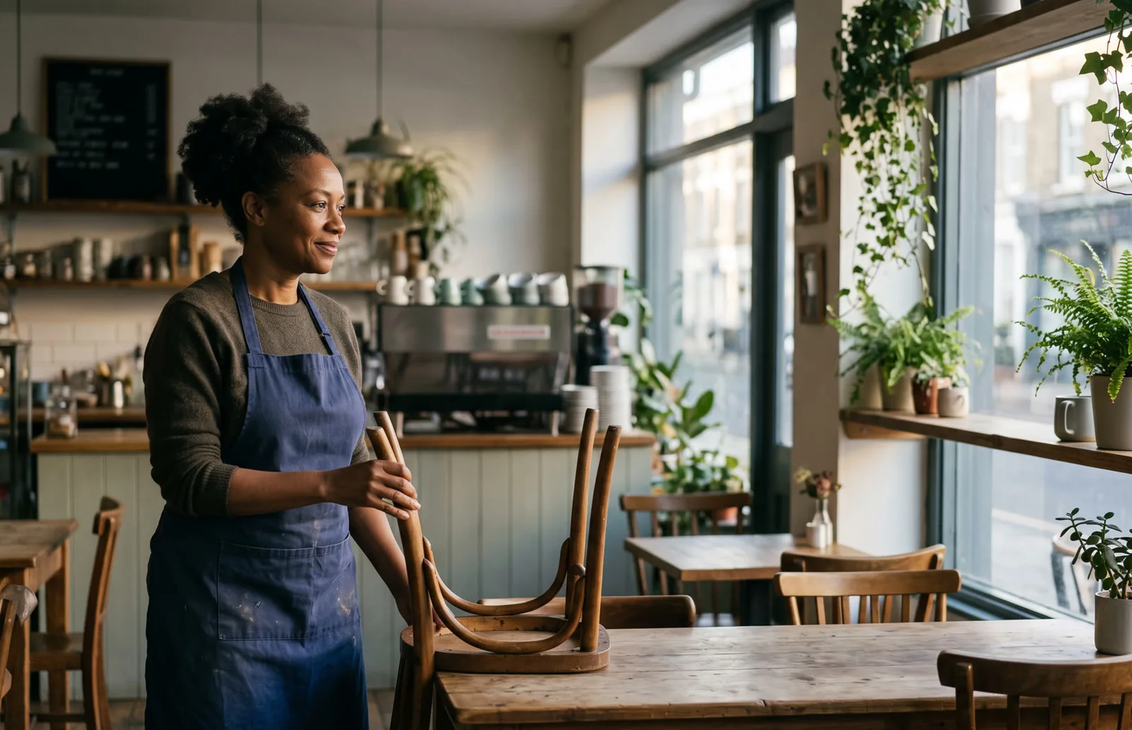 A café owner in an apron standing in her empty café
