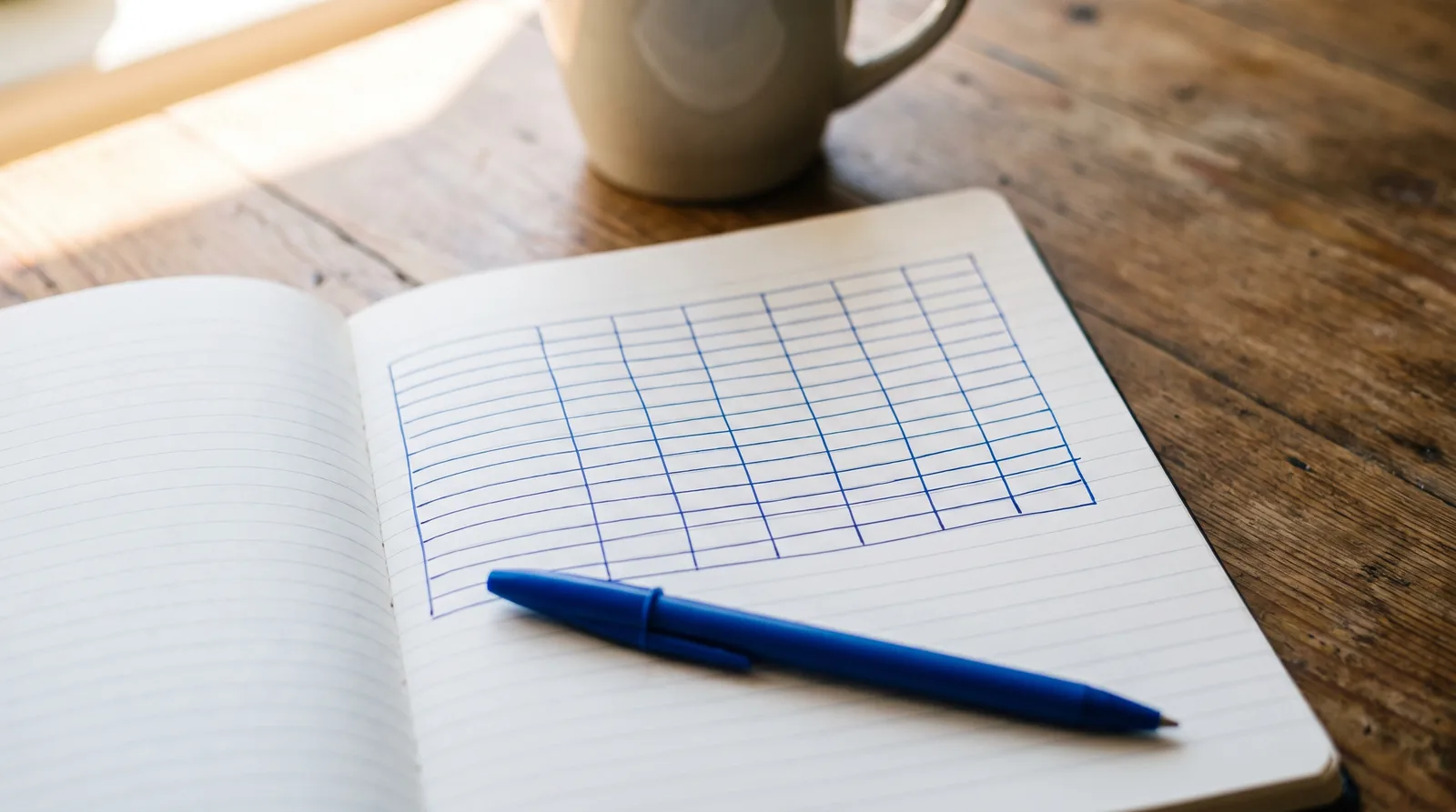 An open notebook on a wooden desk with a neat grid drawn in blue pen, a plain blue pen across the page and a mug behind it.
