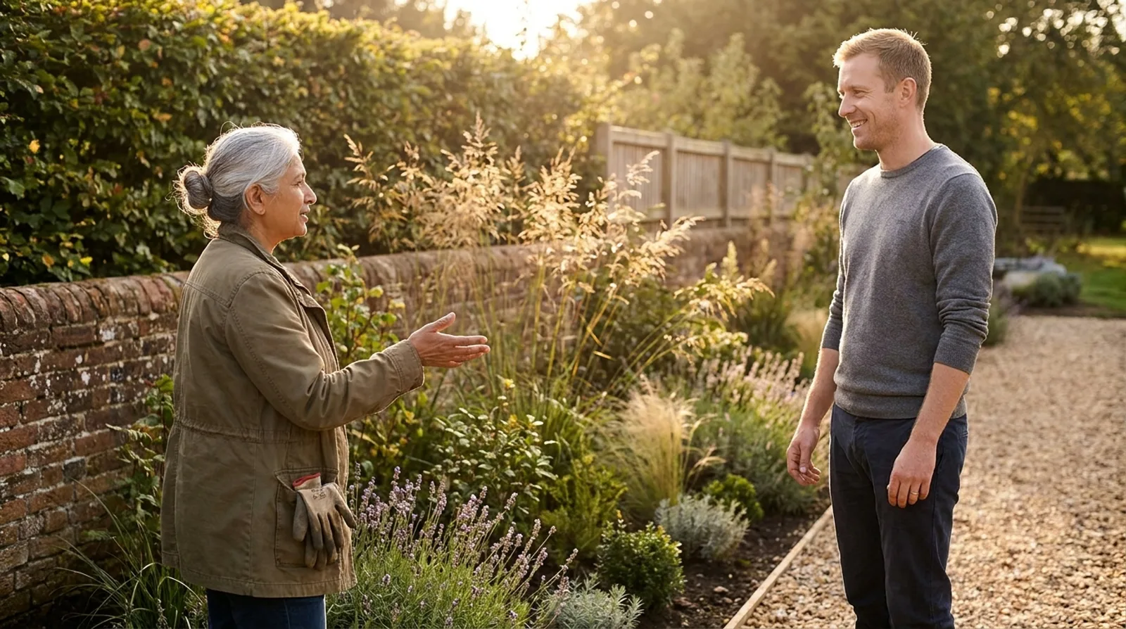 A garden designer in her sixties points out a newly planted border of grasses and lavender to a smiling client in a back garden at golden hour.